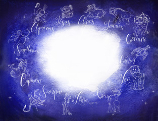 watercolored textuted background with hand drawn images zodiacs signs