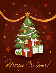 Gratitude card with cute gift boxes and Christmas tree, presents for Christmas holidays. Vector illustration elements