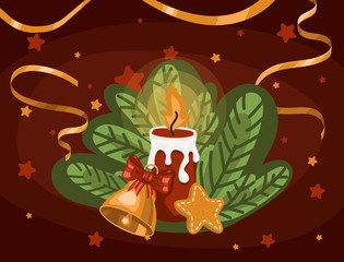 Gratitude card with wreath, Gingerbread Cookie, bell and candle. Presents for Christmas holidays. Vector illustration elements