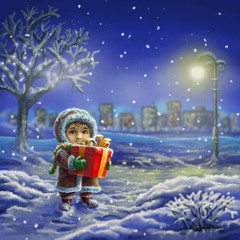 boy with gift in winter night