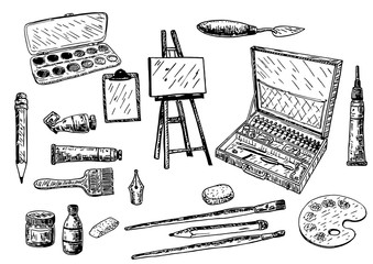 Obraz premium Vector ink hand drawn painting tools and accessories set