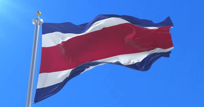 Flag of the Republic of Costa Rica waving at wind with blue sky, loop