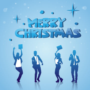 Cheerful People Silhouettes Celebrating Merry Christmas Winter Holidays Poster Vector Illustration
