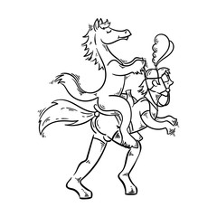 Playful illustration in bdsm style. Man in latex pony costume with horse in a saddle.