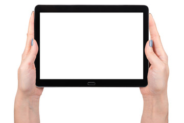 Woman hand using mock up digital tablet isolated clipping patch