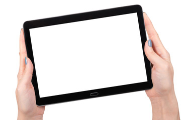 Woman hand using mock up digital tablet isolated clipping patch