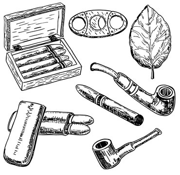 Vector ink hand drawn style tobacco set