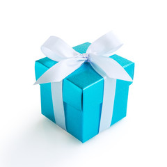 Blue gift box with white ribbon