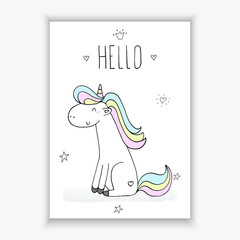 Cute unicorn print for kids. Hello card
