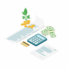 Tax payment. Bills with calculator, credit card, cash and coins. Payment of utility, family budget. Isometric design
