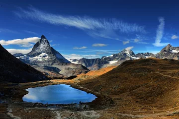 Keuken foto achterwand Matterhorn Mt Matterhorn weerspiegeld in Riffelsee Lake Zermatt kanton Wallis, Zwitserland
