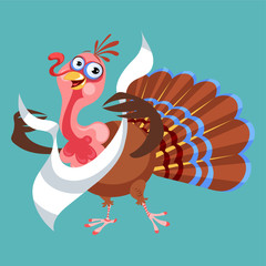 Cartoon thanksgiving turkey character in napkin, autumn holiday bird vector illustration happy greeting text on flyer or card on background