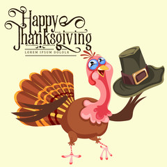 Cartoon thanksgiving turkey character in hat, autumn holiday bird vector illustration happy greeting text on flyer or card on white background