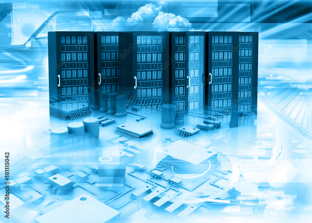 Poster server racks in abstract technology background. 3d illustration.