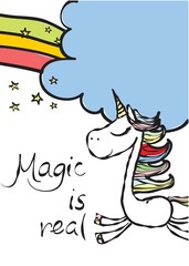 Magic unicorn card. Vintage vector typography poster with hand drawn text and unicorn