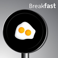 Fried Eggs on Black pan. Delicious breakfast