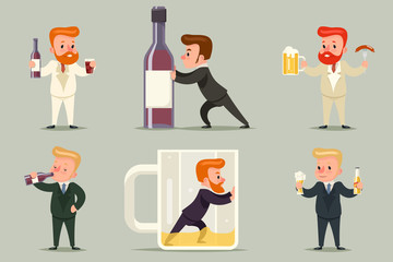 Beer Rum Whiskey Alcohol Male Guy Character Different Positions and Actions Alcoholism Icons Set Retro Cartoon Design Vector Illustration