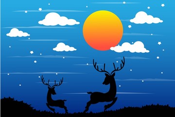 Obraz na płótnie Canvas reindeer silhouette scene at night time in winter design concept vector illustration