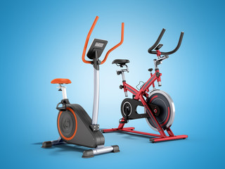 Two modern sport exercise bike yellow purple 3d render on blue background