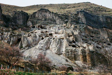 Fototapeta na wymiar Panoramic view of Vardzia cave city-monastery in the Erusheti Mountain, Georgia