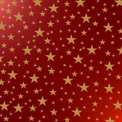 Christmas card, New Year holiday with yellow stars and sparkles on a shaded red metallic background