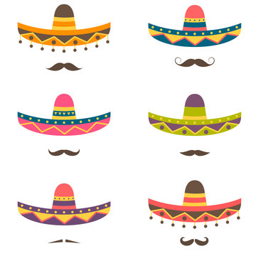 Set of Mexican hats and mustaches