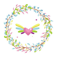 Magic fairy flowers wreath and a heart and wings.
