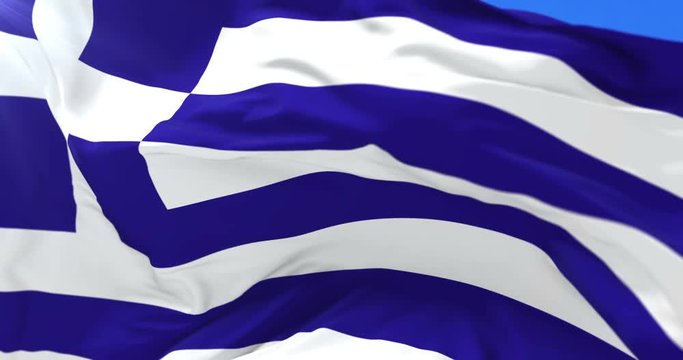 Greek flag waving at wind with blue sky, loop
