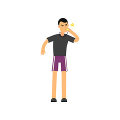 Flat professional fitness trainer character standing and blowing in whistle