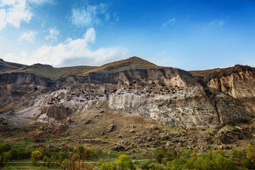 Panoramic view of Vardzia cave city-monastery in the Erusheti Mountain, Georgia