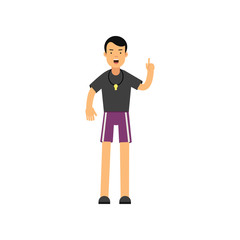 Flat vector illustration of cheerful male trainer standing with index finger up isolated on white