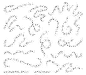 Set of winter decorative elements. Isolated curve line, curl, swirl, wave, loop, zigzag made of snowflakes. Black and white vector illustration.