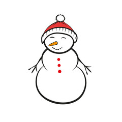 Cheerful cartoon snowman in red hat on white background. Vector illustration. 