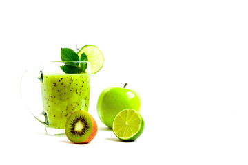 Green healthy cocktail of kiwi, green apple, lime and mint isolated on white background view of a crook