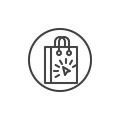 Shopping bag with cursor line icon, outline vector sign, linear style pictogram isolated on white. Online shopping symbol, logo illustration. Editable stroke