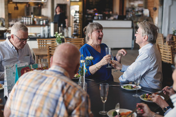 Senior couple toasting flutes while having lunch with friends in restaurant