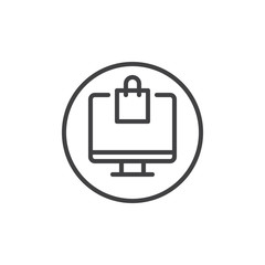 Computer display with shopping bag line icon, outline vector sign, linear style pictogram isolated on white. Online shopping symbol, logo illustration. Editable stroke