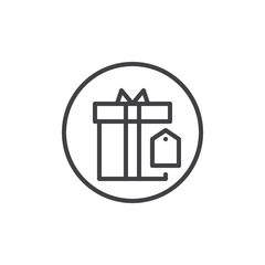 Gift box with price tag label line icon, outline vector sign, linear style pictogram isolated on white. Symbol, logo illustration. Editable stroke