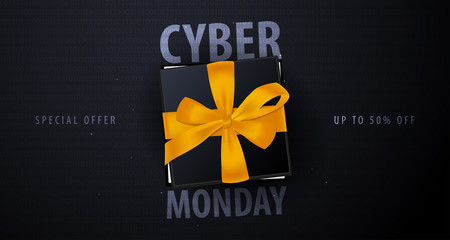 Fototapeta na wymiar Cyber Monday Sale banner with gifts. Binary code background. Vector illustration.