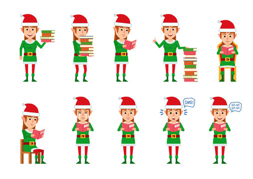 Set of female Christmas elf characters posing with book in different situations. Cheerful elf girl reading book, laughing, crying and showing other actions. Flat style vector illustration