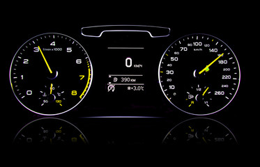 Fototapeta premium Glowing car dashboards in black and red colors