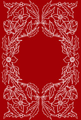 Christmas greeting card with hand drawn symmetric floral ornament and place for text. Decorated with traditional Christmas plants: holly and hellebore.