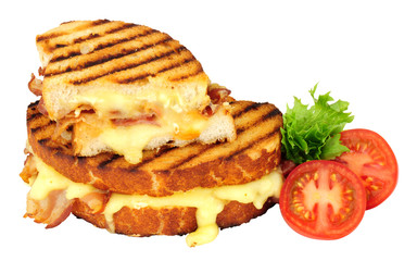 Brie cheese and pancetta meat toasted sandwich isolated on a white background