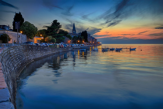 Coastal town of Rovinj, Istria, Croatia in sunset. Rovin beauty antiq city