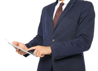 Young manager with tablet, isolated on white