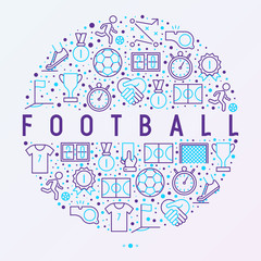 Football concept in circle with thin line icons: player, whistle, soccer, goal, strategy, stopwatch, football boots, score. Vector illustration for banner, print media, web page.