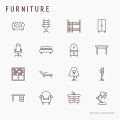 Furniture concept thin line icons set of coach, bookcase, bed,  dresser, chair, lamp, floor hanger. Modern vector illustration.