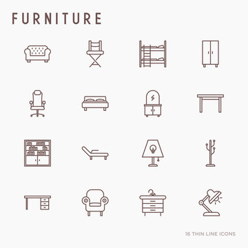 Furniture concept thin line icons set of coach, bookcase, bed,  dresser, chair, lamp, floor hanger. Modern vector illustration.