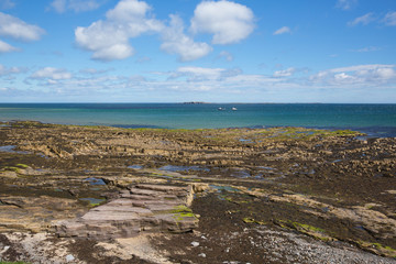 Seahouses Northumberland coast north east England UK with view to the Farne islands tourist attraction