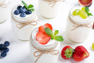 Fresh yogurt. Breakfast with yogurt with fruits and berries. Healthy food concept